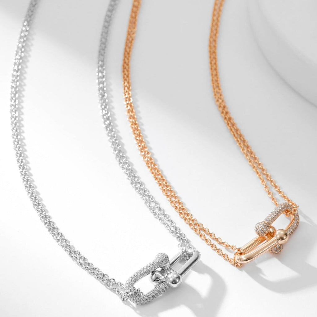 HARDWARE DIAMOND PEDANT DOUBLE CHAIN NECKLACE