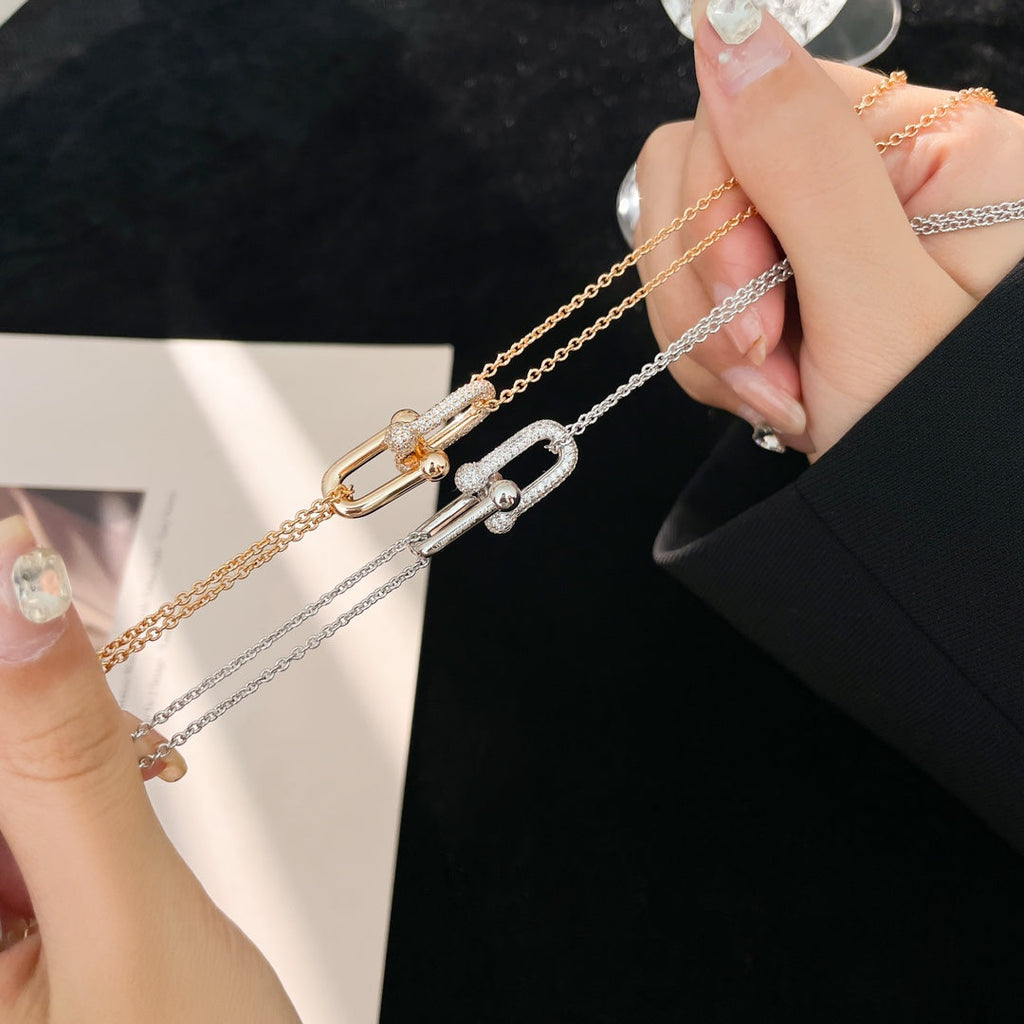 HARDWARE DIAMOND PEDANT DOUBLE CHAIN NECKLACE