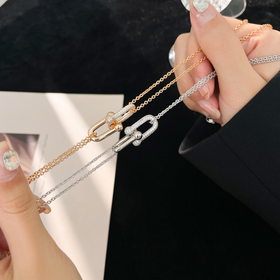 HARDWARE DIAMOND PEDANT DOUBLE CHAIN NECKLACE