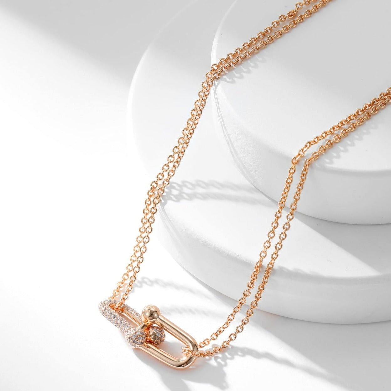 HARDWARE DIAMOND PEDANT DOUBLE CHAIN NECKLACE