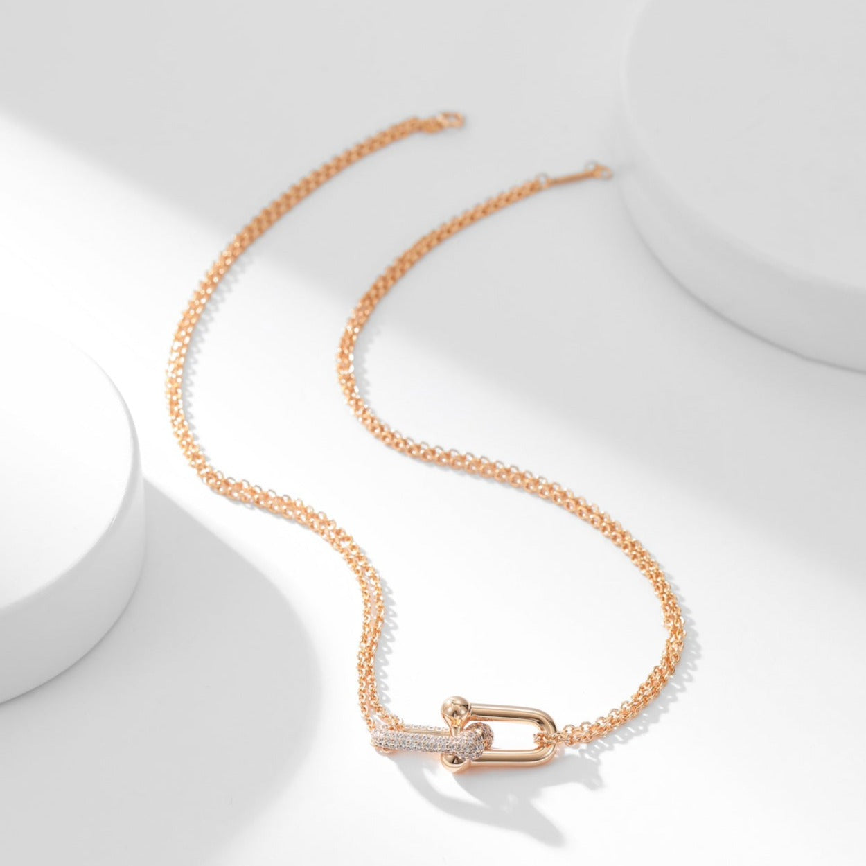 HARDWARE DIAMOND PEDANT DOUBLE CHAIN NECKLACE