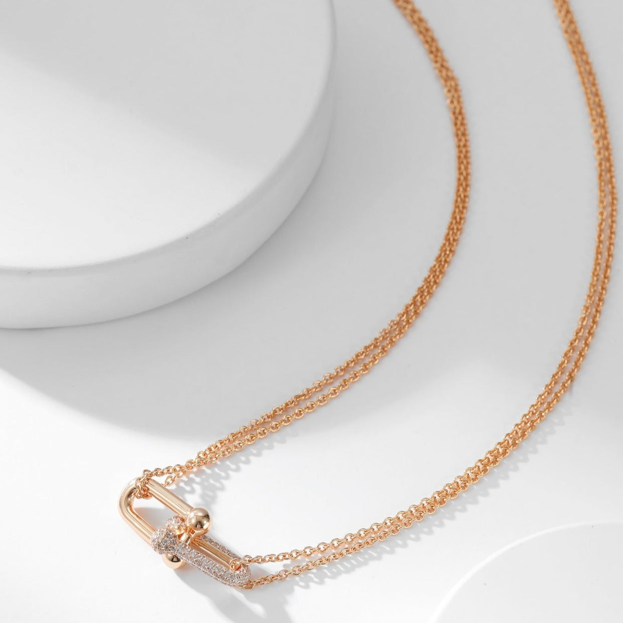 HARDWARE DIAMOND PEDANT DOUBLE CHAIN NECKLACE
