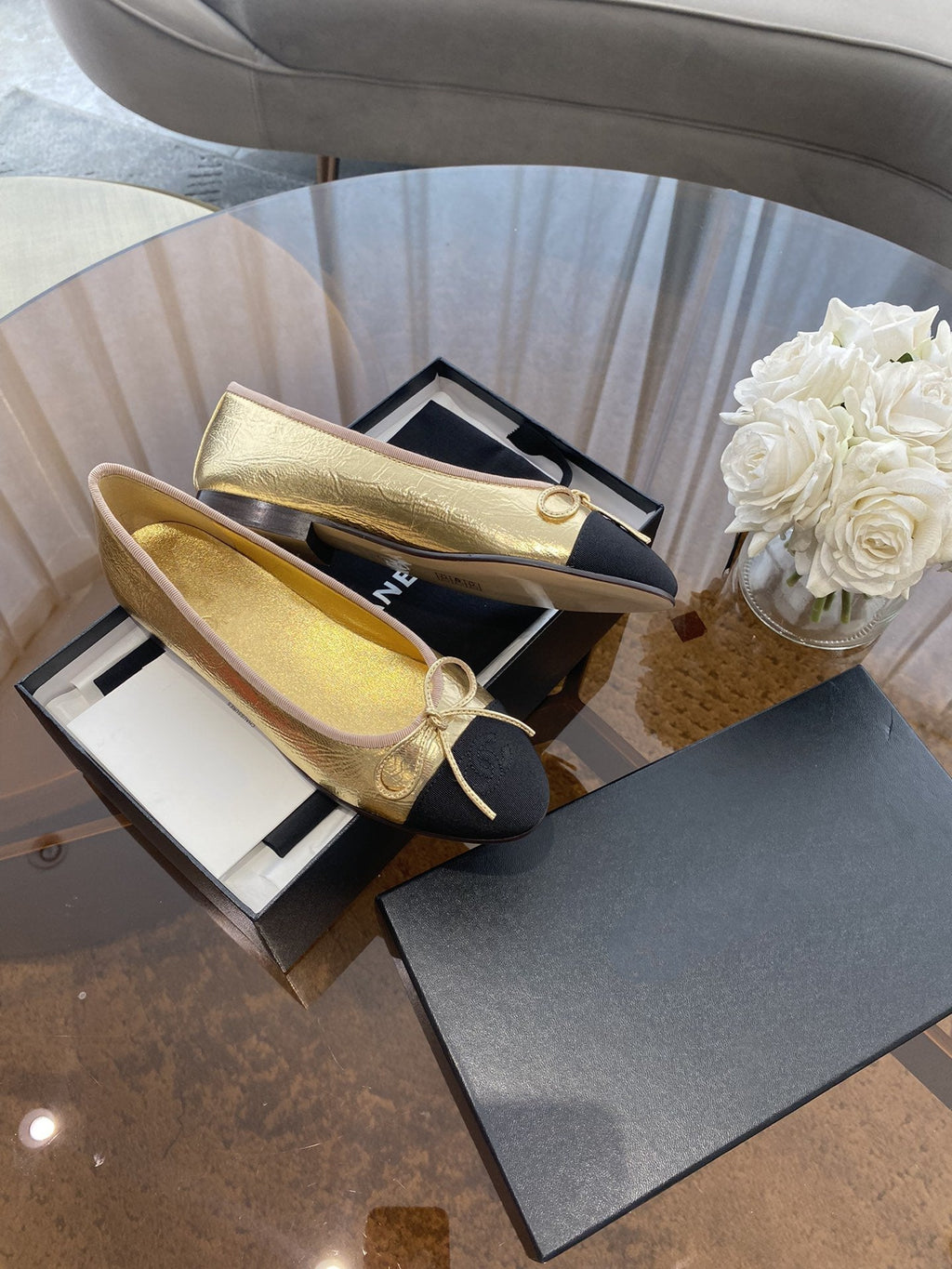 BALLET FLATS GOLD BLACK LAMBSKIN CANVAS