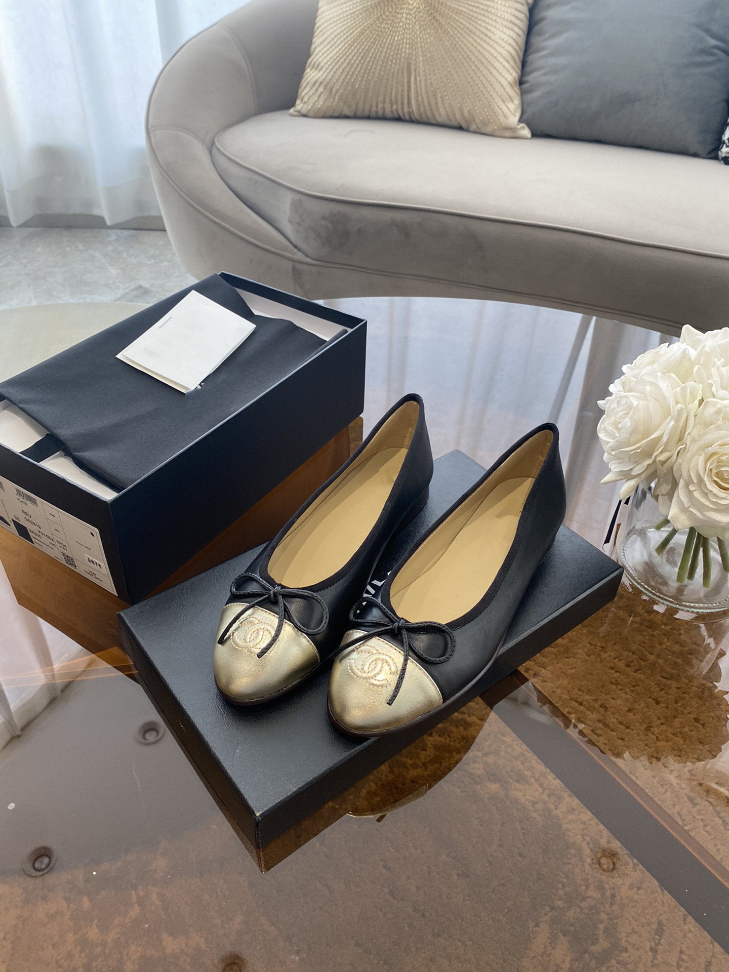 BALLET FLATS BLACK LIGHT GOLD LAMBSKIN