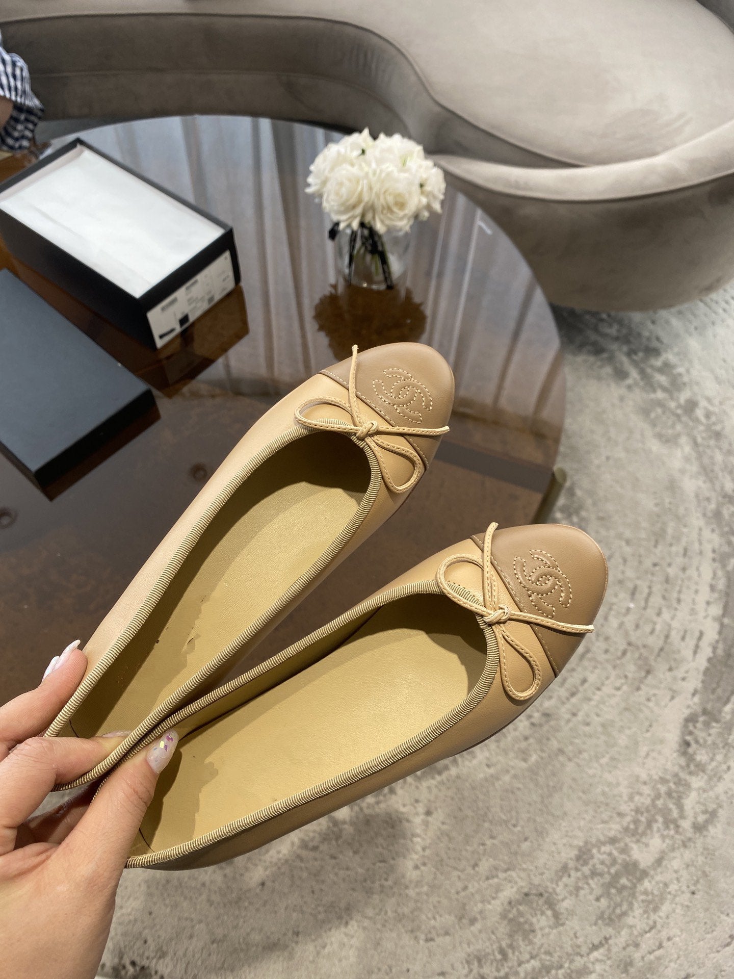 BALLET FLATS BEIGE BROWN LAMBSKIN
