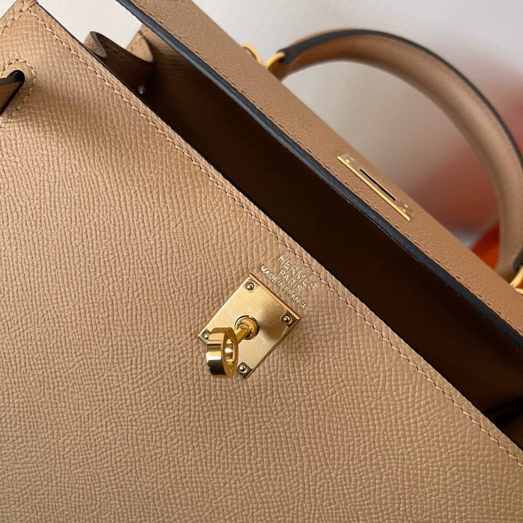 HM KELLY 25CM BEIGE EPSOM LEATHER GOLD HARDWARE