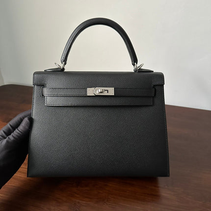HM KELLY 25CM BLACK EPSOM SILVER HARDWARE