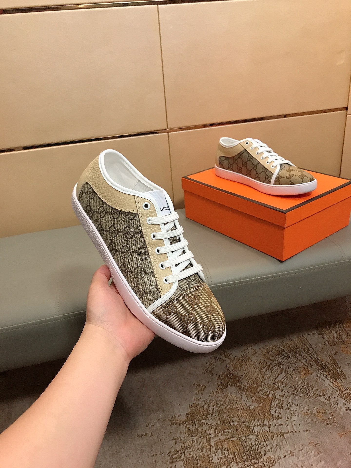 GG ACE BEIGE GREY LOW-TOP SNEAKERS