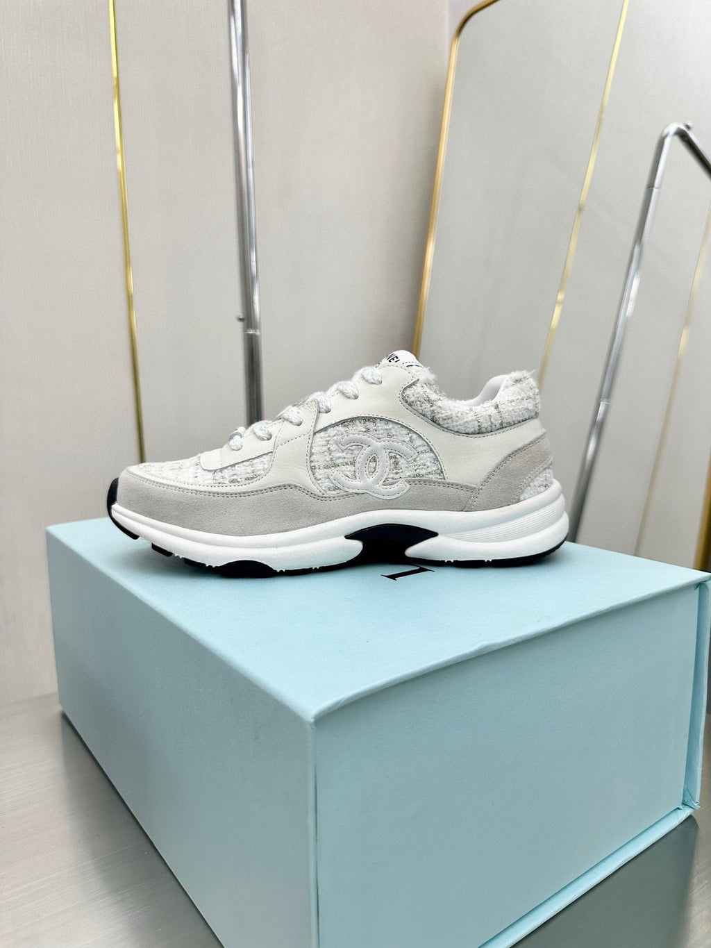 CC TRAINERS TWEED  GREY WHITE CALFSKIN