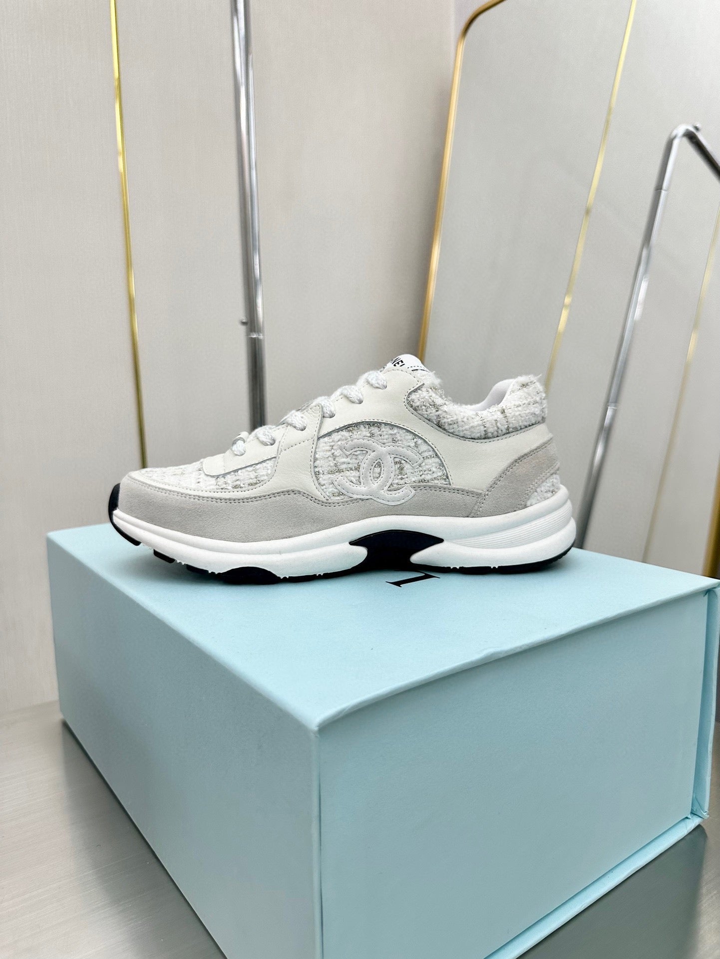 CC TRAINERS TWEED  GREY WHITE CALFSKIN