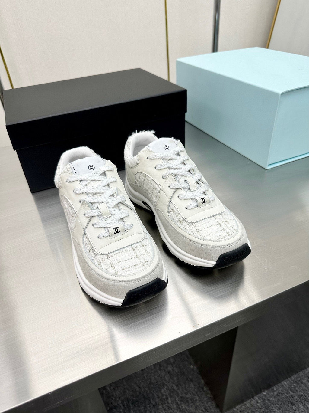 CC TRAINERS TWEED  GREY WHITE CALFSKIN