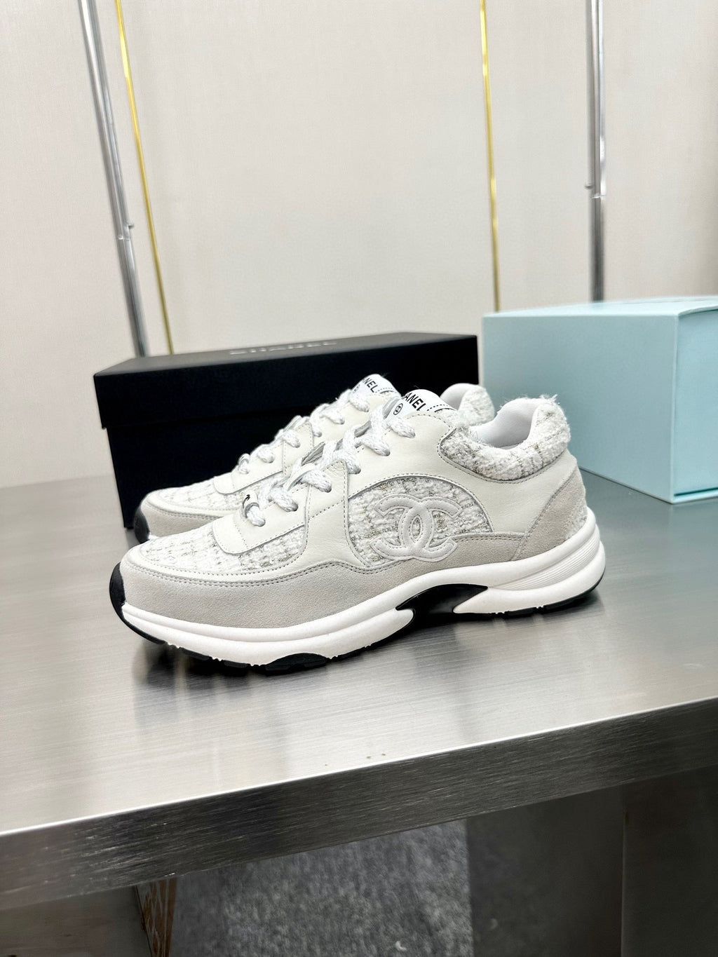 CC TRAINERS TWEED  GREY WHITE CALFSKIN