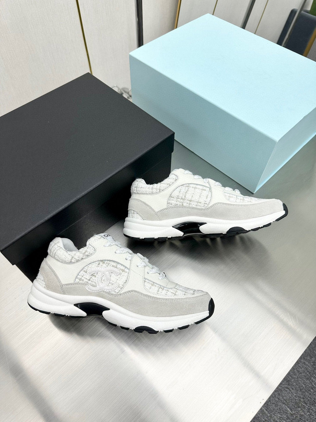 CC TRAINERS TWEED  GREY WHITE CALFSKIN