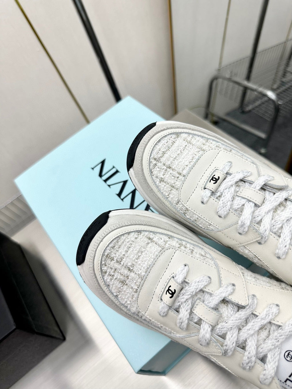 CC TRAINERS TWEED  GREY WHITE CALFSKIN