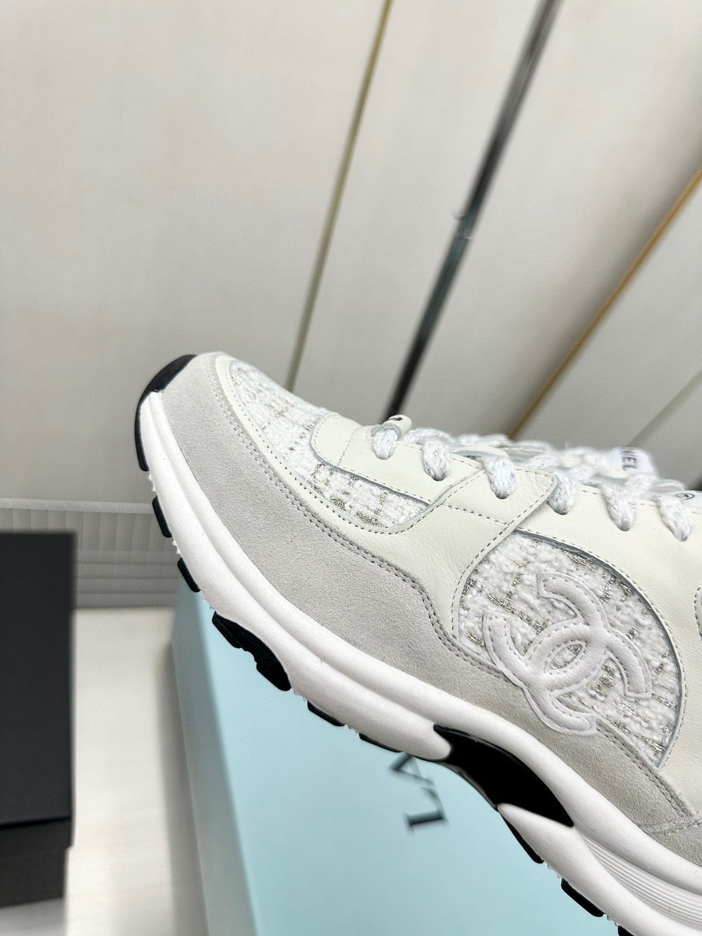 CC TRAINERS TWEED  GREY WHITE CALFSKIN