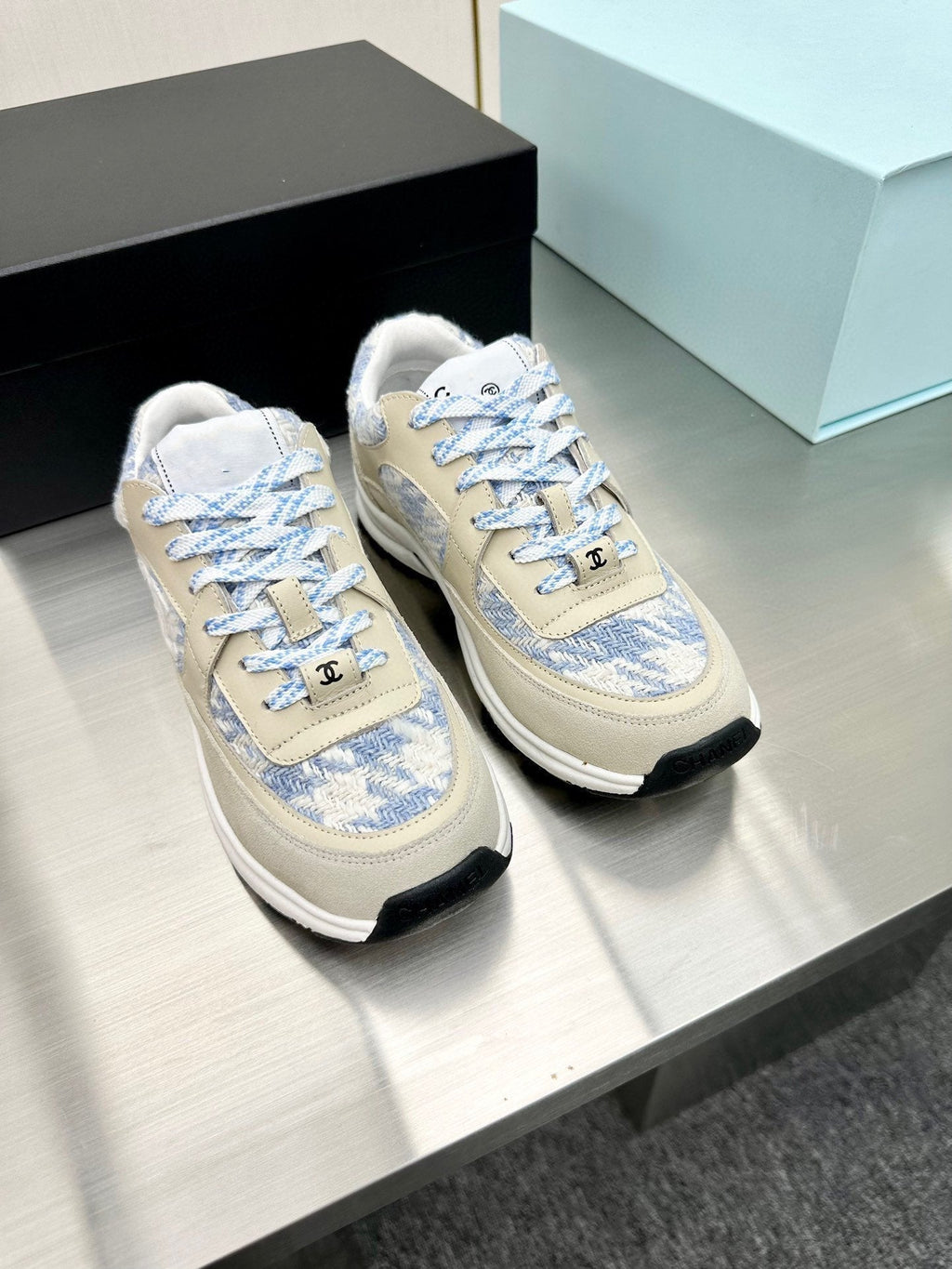 CC TRAINERS TWEED BLUE WHITE CALFSKIN