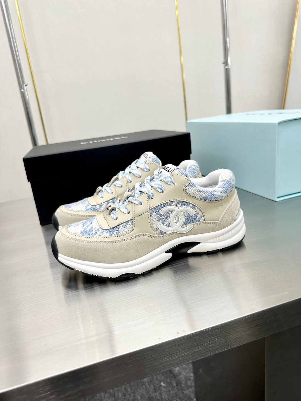 CC TRAINERS TWEED BLUE WHITE CALFSKIN