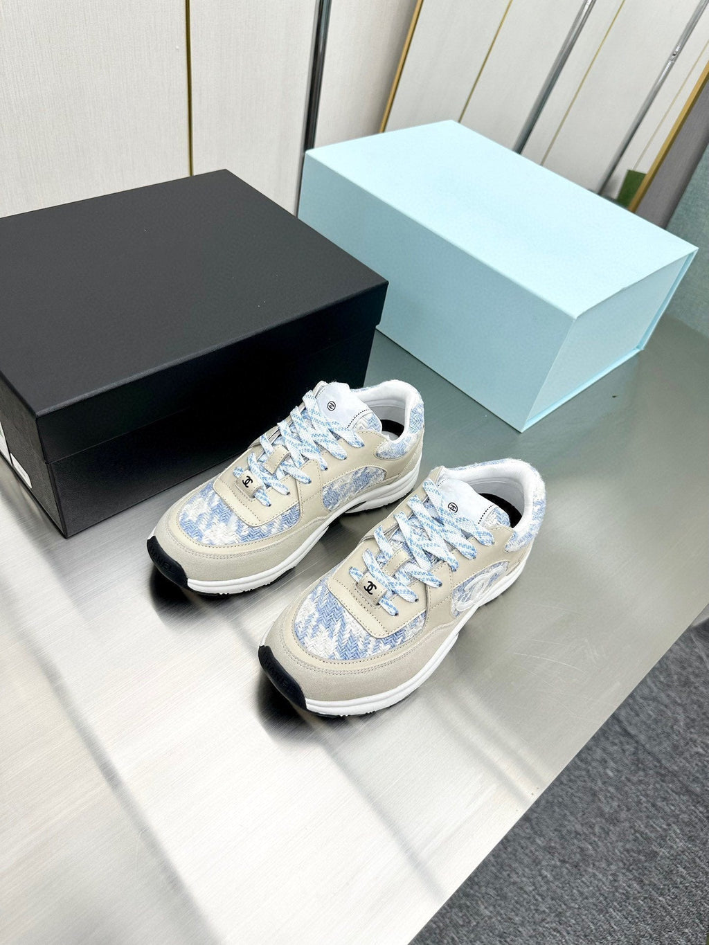 CC TRAINERS TWEED BLUE WHITE CALFSKIN