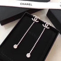 CHANEL 26S DOUBLE C LOGO PAVE CRYSTAL LONG DROP CHAIN EARRINGS IN SILVER METAL 633227