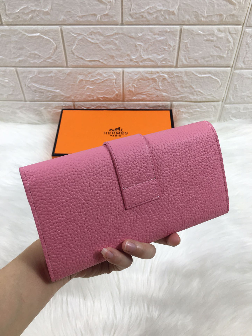 HM SNAP LOCK WALLET 19.5 FLAMINGO PINK GRAINED CALFSKIN