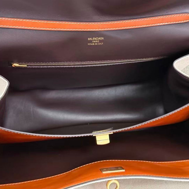 BALENCIAGA 26S TOP HANDLE BAG IN WHITE CANVAS & BROWN LEATHER