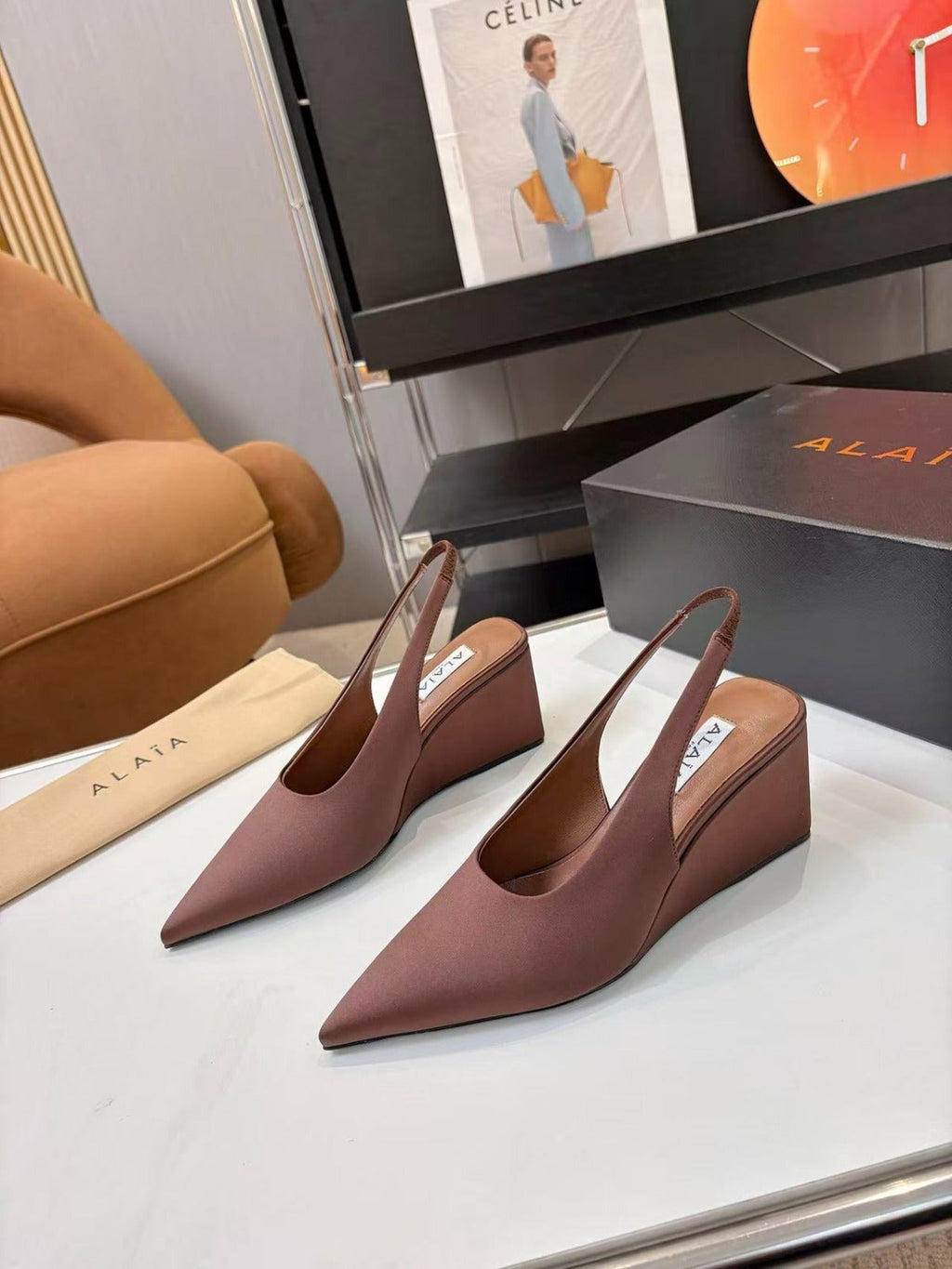 ALAIA CUBE SATIN SLINGBACK WEDGE PUMP IN A CHESTNUT BROWN SATIN