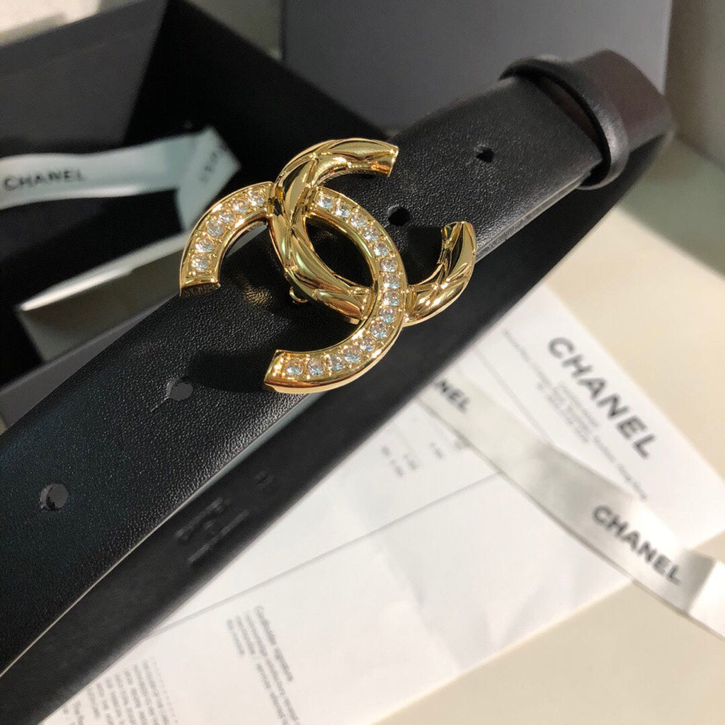 CC BELT 30 MM IN BLACK CALFSKIN WITH GOLD BUCKLE HARDWARE ATTACH RHINSTONES