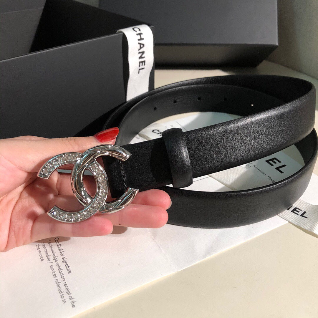 CC BELT 30 MM IN BLACK CALFSKIN WITH SILVER BUCKLE HARDWARE ATTACH RHINSTONES