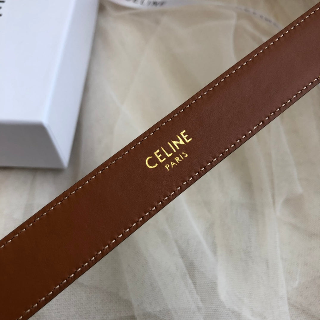 CELINE 25S TRIOMPHE BELT 25MM IN CARAMEL CALFSKIN GOLD HARDWARE 585858