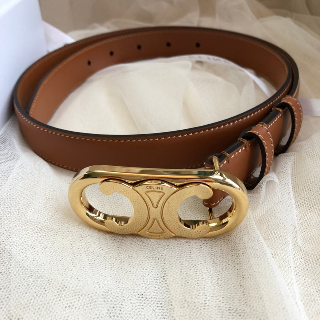 CELINE 25S TRIOMPHE BELT 25MM IN CARAMEL CALFSKIN GOLD HARDWARE 585858