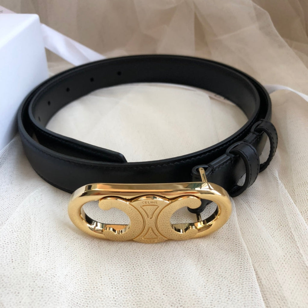 CELINE 25S TRIOMPHE BELT 25MM IN BLACK CALFSKIN GOLD HARDWARE 585857