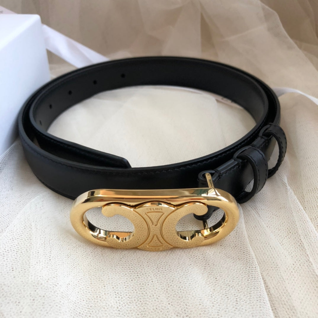 CELINE 25S TRIOMPHE BELT 25MM IN BLACK CALFSKIN GOLD HARDWARE 585857