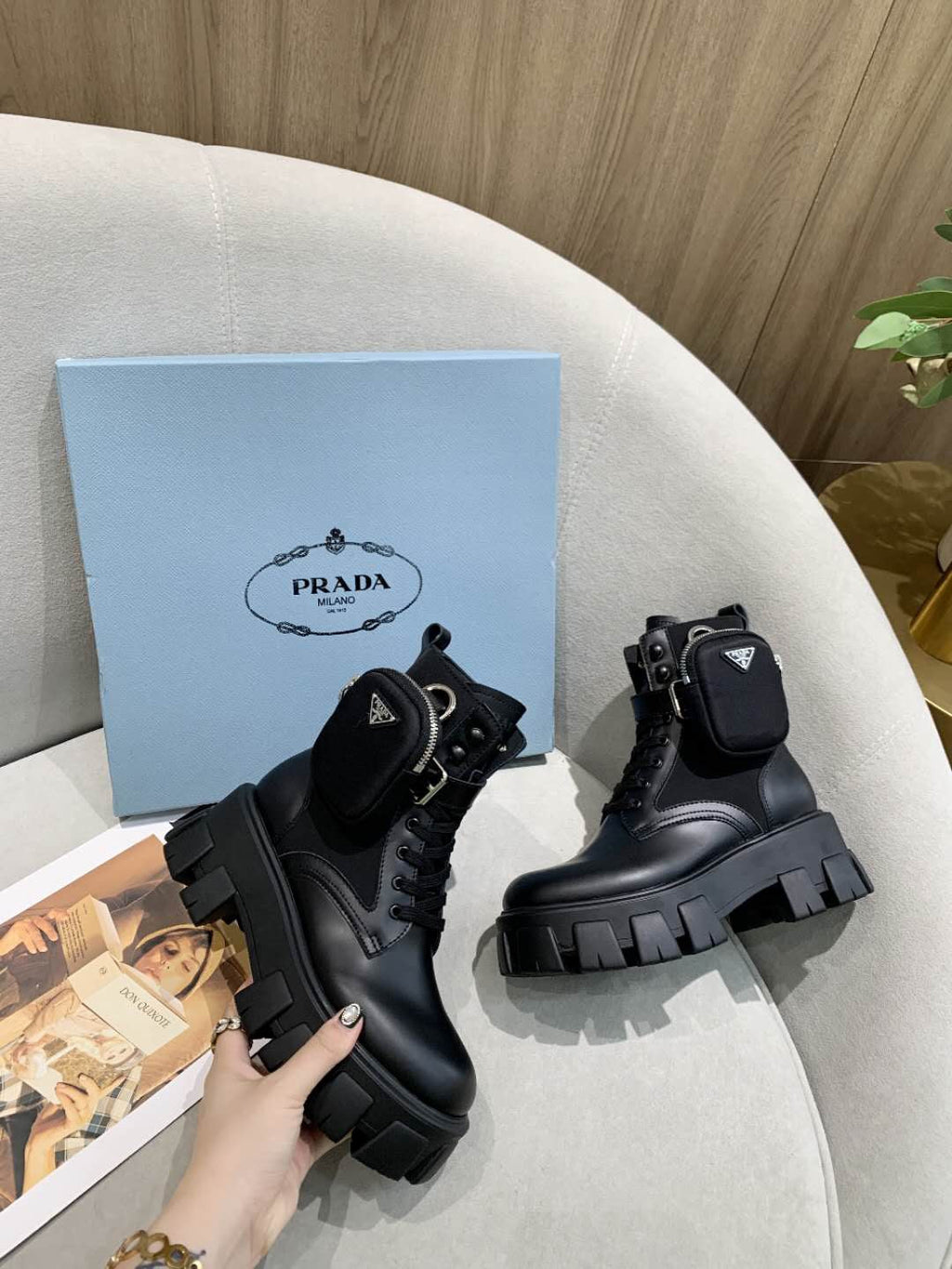 PRADA 26S HIGH TOP MONOLITH SHOES IN BLACK CALFSKIN AND FABRIC WITH POUCH