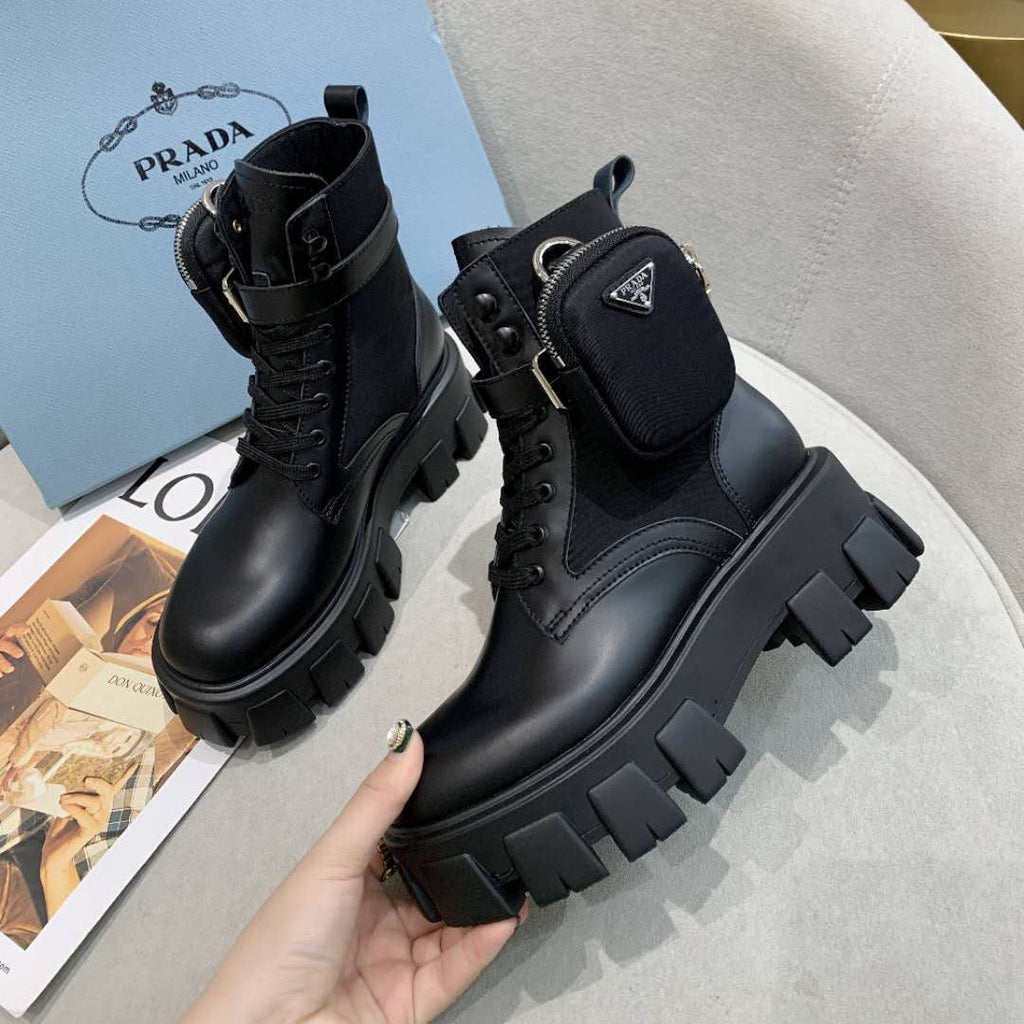 PRADA 26S HIGH TOP MONOLITH SHOES IN BLACK CALFSKIN AND FABRIC WITH POUCH