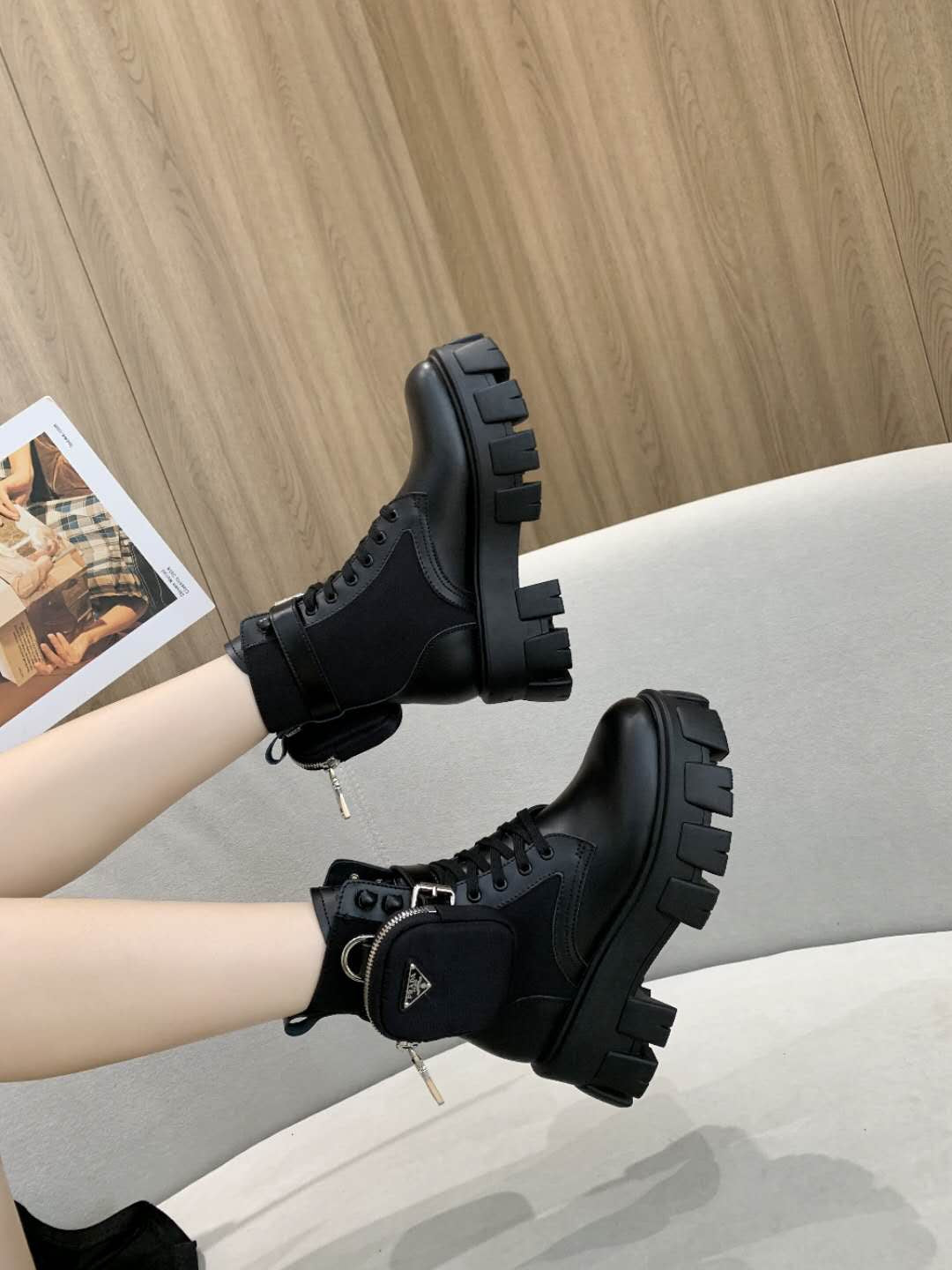 PRADA 26S HIGH TOP MONOLITH SHOES IN BLACK CALFSKIN AND FABRIC WITH POUCH