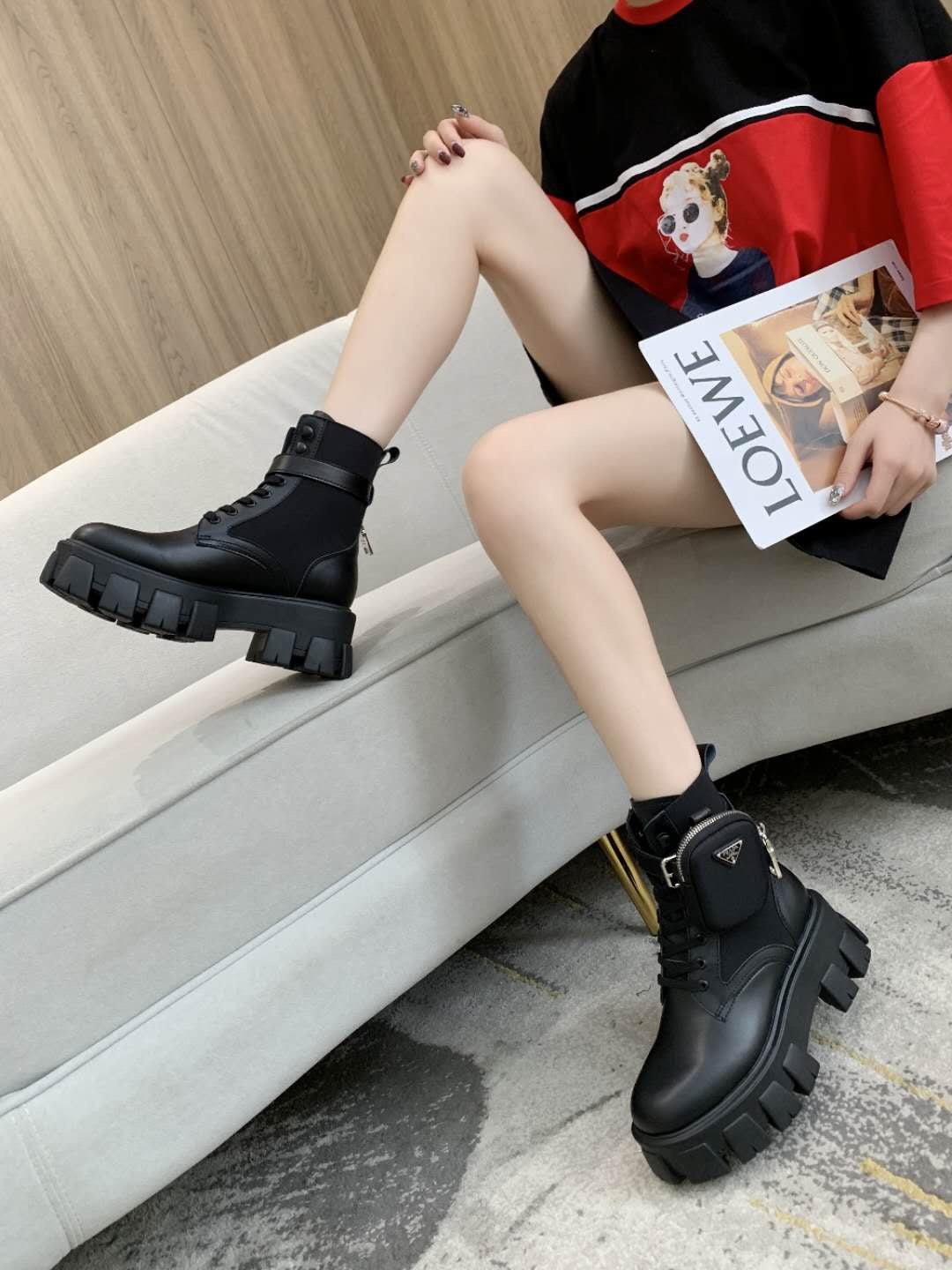 PRADA 26S HIGH TOP MONOLITH SHOES IN BLACK CALFSKIN AND FABRIC WITH POUCH