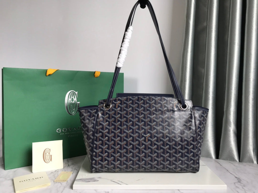 GOYA 26S ROUETTE PM TOTE BAG 30CM IN NAVY BLUE CANVAS AND CALFSKIN