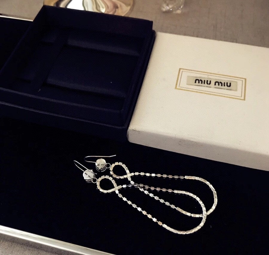 MIUMIU 26S CRYSTAL DOUBLE LOOP DROP EARRINGS IN SILVER TONE METAL 630846