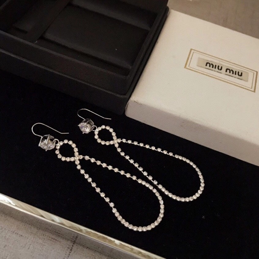 MIUMIU 26S CRYSTAL DOUBLE LOOP DROP EARRINGS IN SILVER TONE METAL 630846
