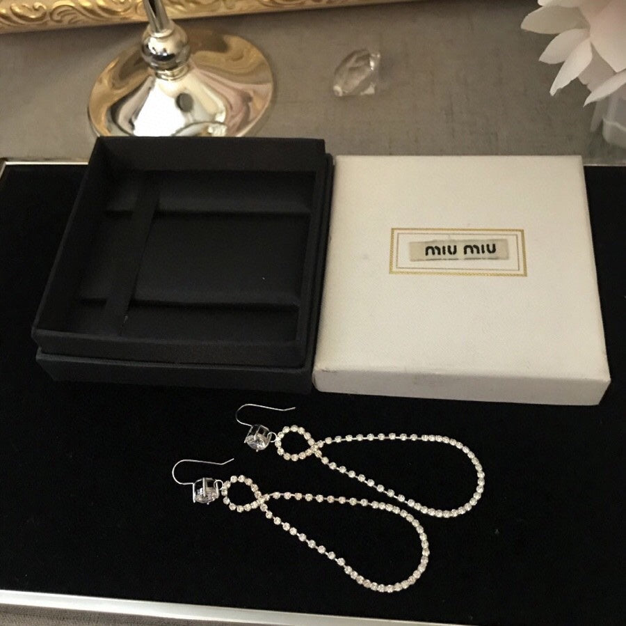 MIUMIU 26S CRYSTAL DOUBLE LOOP DROP EARRINGS IN SILVER TONE METAL 630846