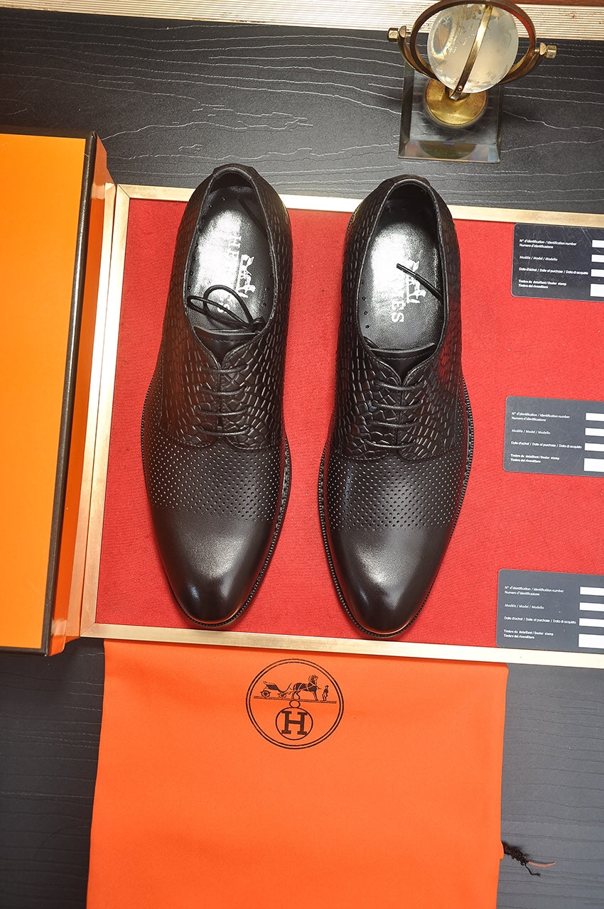 HM BUSINESS LACE UP SHOES BLACK CALFSKIN WITH MESH MOTIF