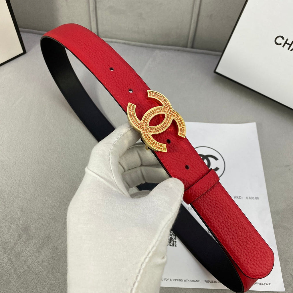 CC 26S BELT 30 MM IN RED CALFSKIN STONE EMBELLISHED GOLD TONE 661123