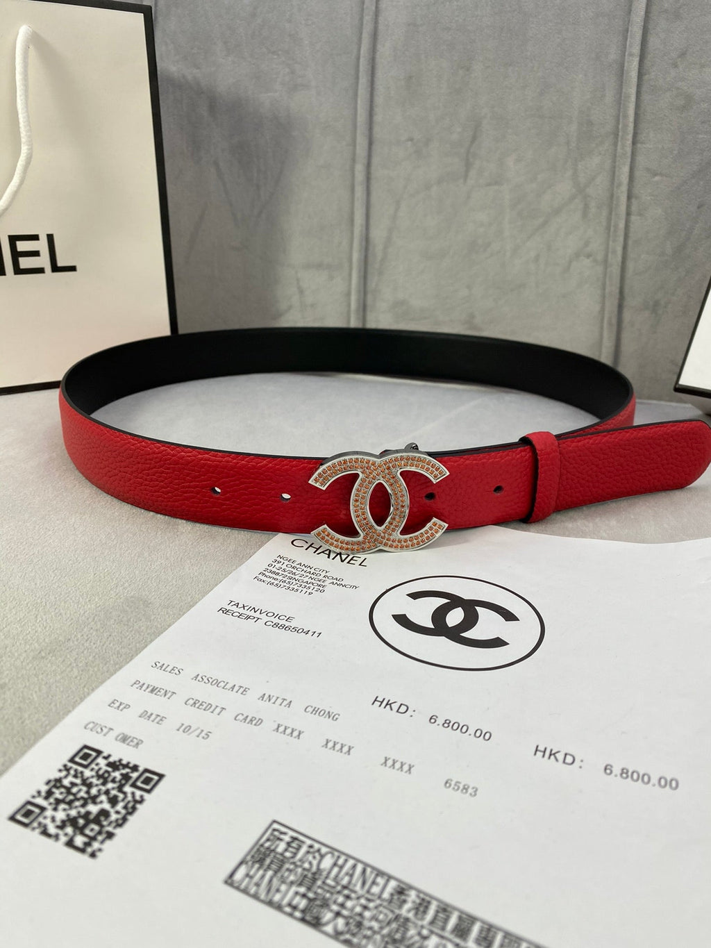 CC 26S BELT 30 MM IN RED CALFSKIN STONE EMBELLISHED SILVER TONE 661123