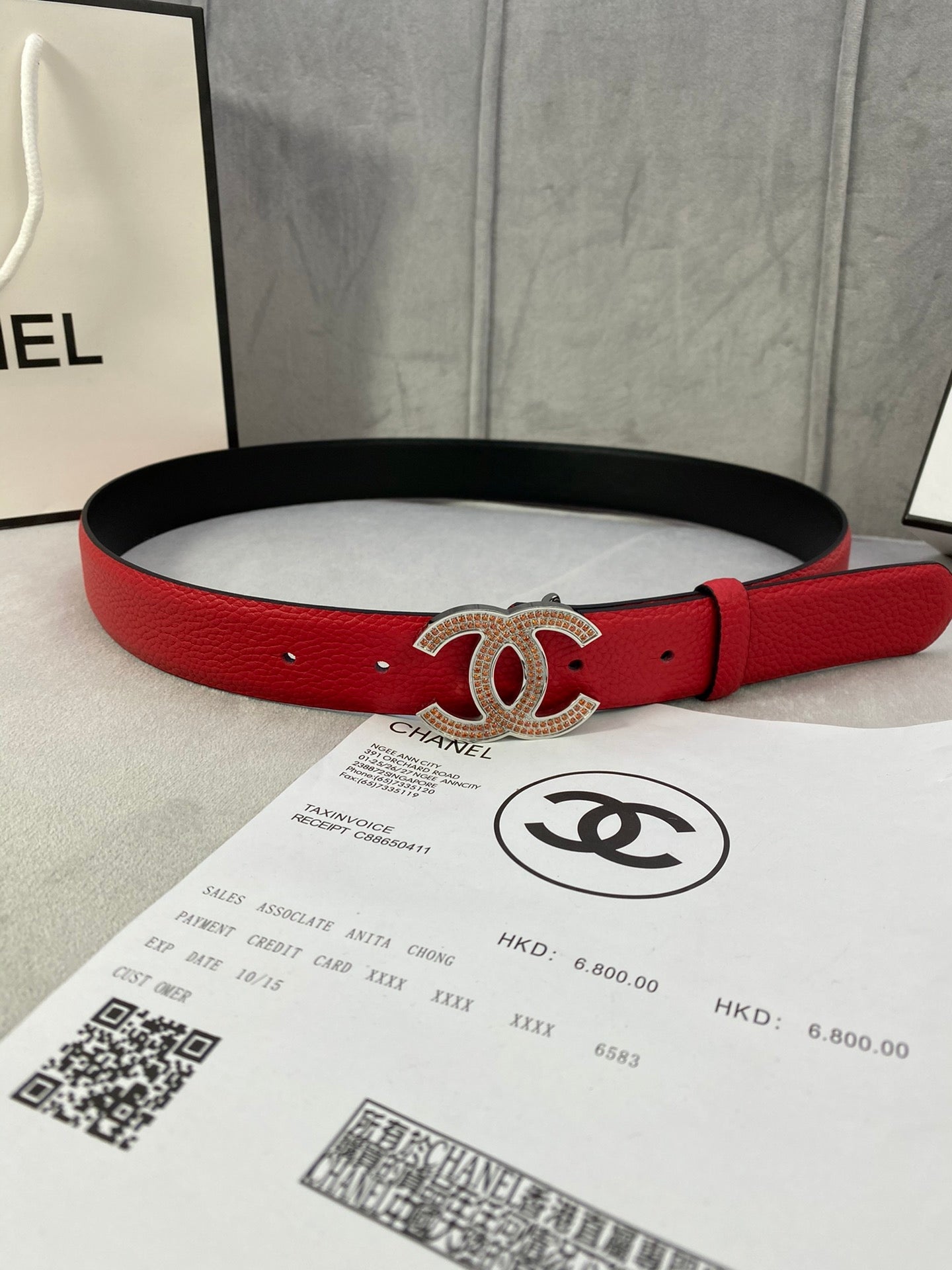 CC 26S BELT 30 MM IN RED CALFSKIN STONE EMBELLISHED SILVER TONE 661123