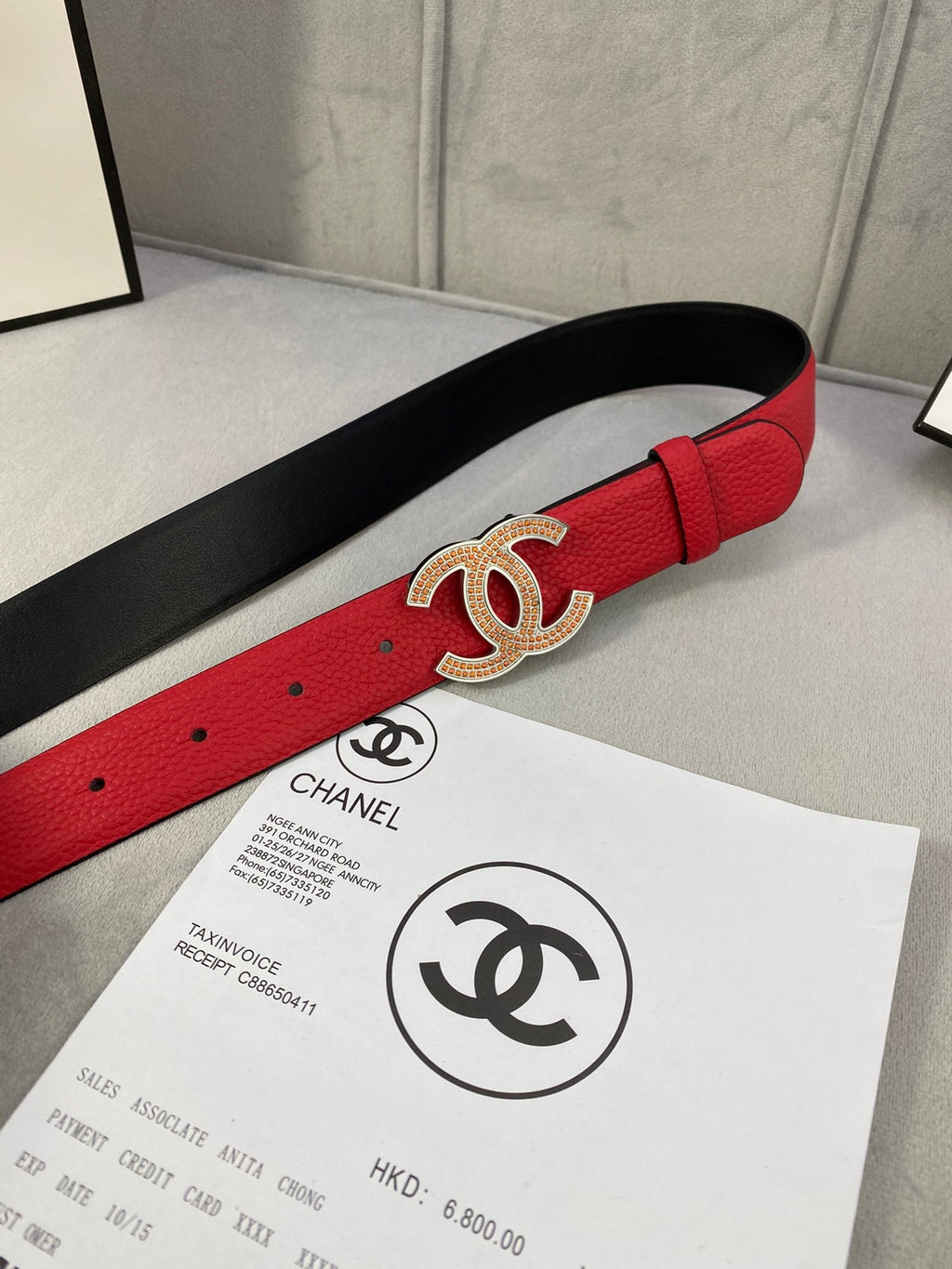 CC 26S BELT 30 MM IN RED CALFSKIN STONE EMBELLISHED SILVER TONE 661123