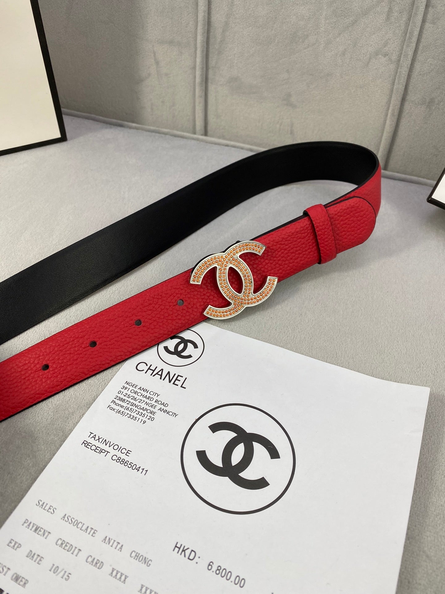 CC 26S BELT 30 MM IN RED CALFSKIN STONE EMBELLISHED SILVER TONE 661123