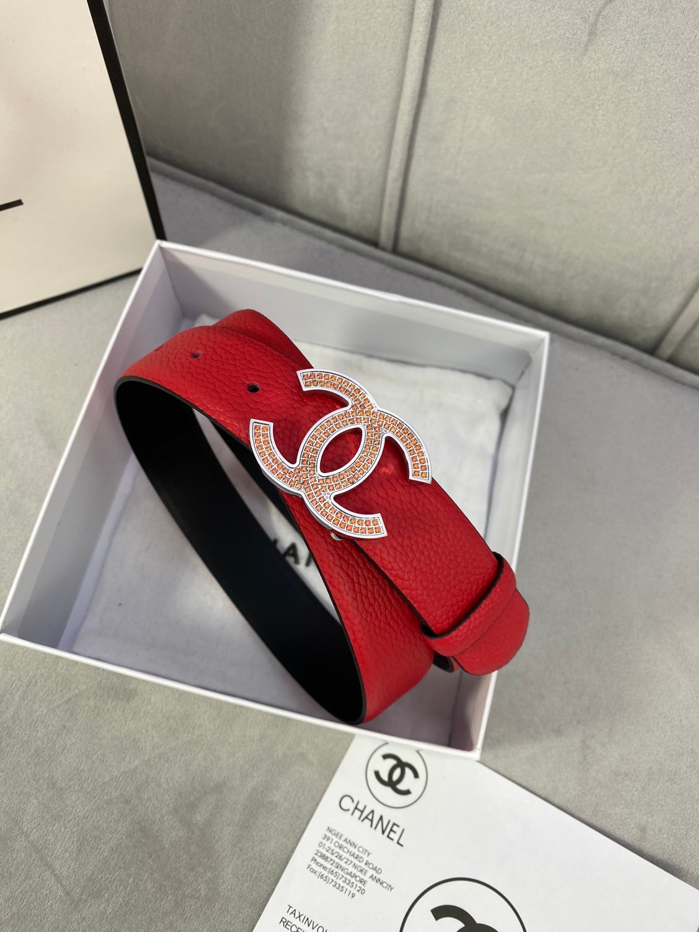 CC 26S BELT 30 MM IN RED CALFSKIN STONE EMBELLISHED SILVER TONE 661123