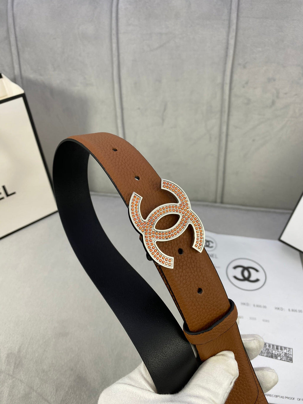 CC 26S BELT 30 MM IN TAN CALFSKIN STONE EMBELLISHED SILVER TONE 661124