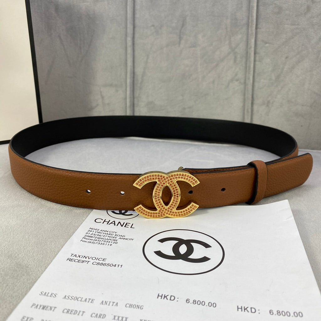 CC 26S BELT 30 MM IN TAN CALFSKIN STONE EMBELLISHED GOLD TONE 661124