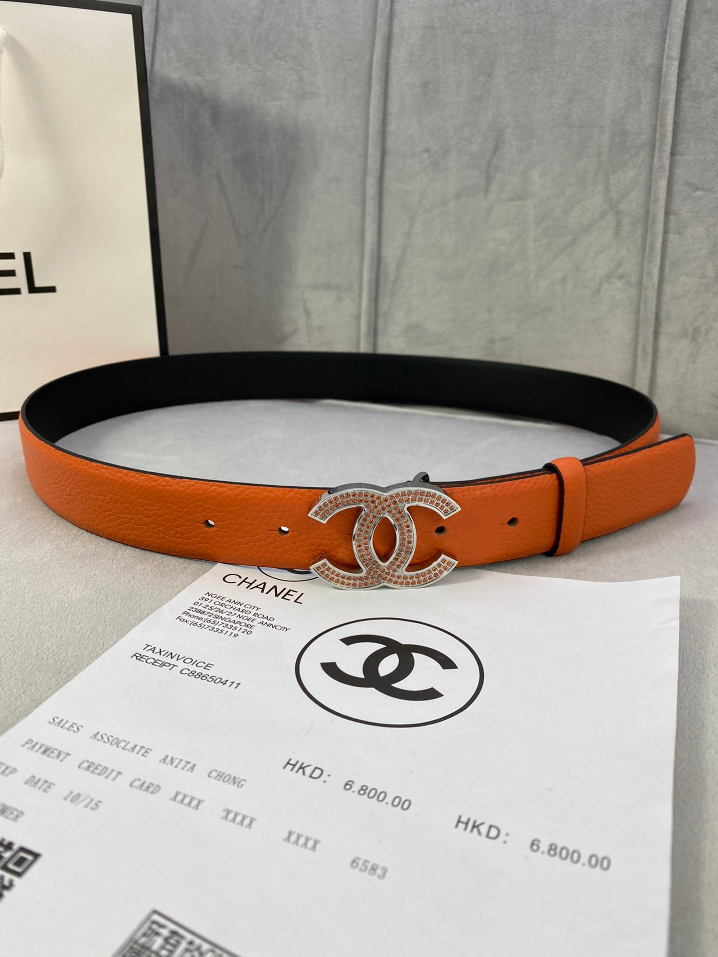 CC 26S BELT 30 MM IN ORANGE CALFSKIN STONE EMBELLISHED SILVER TONE 661125